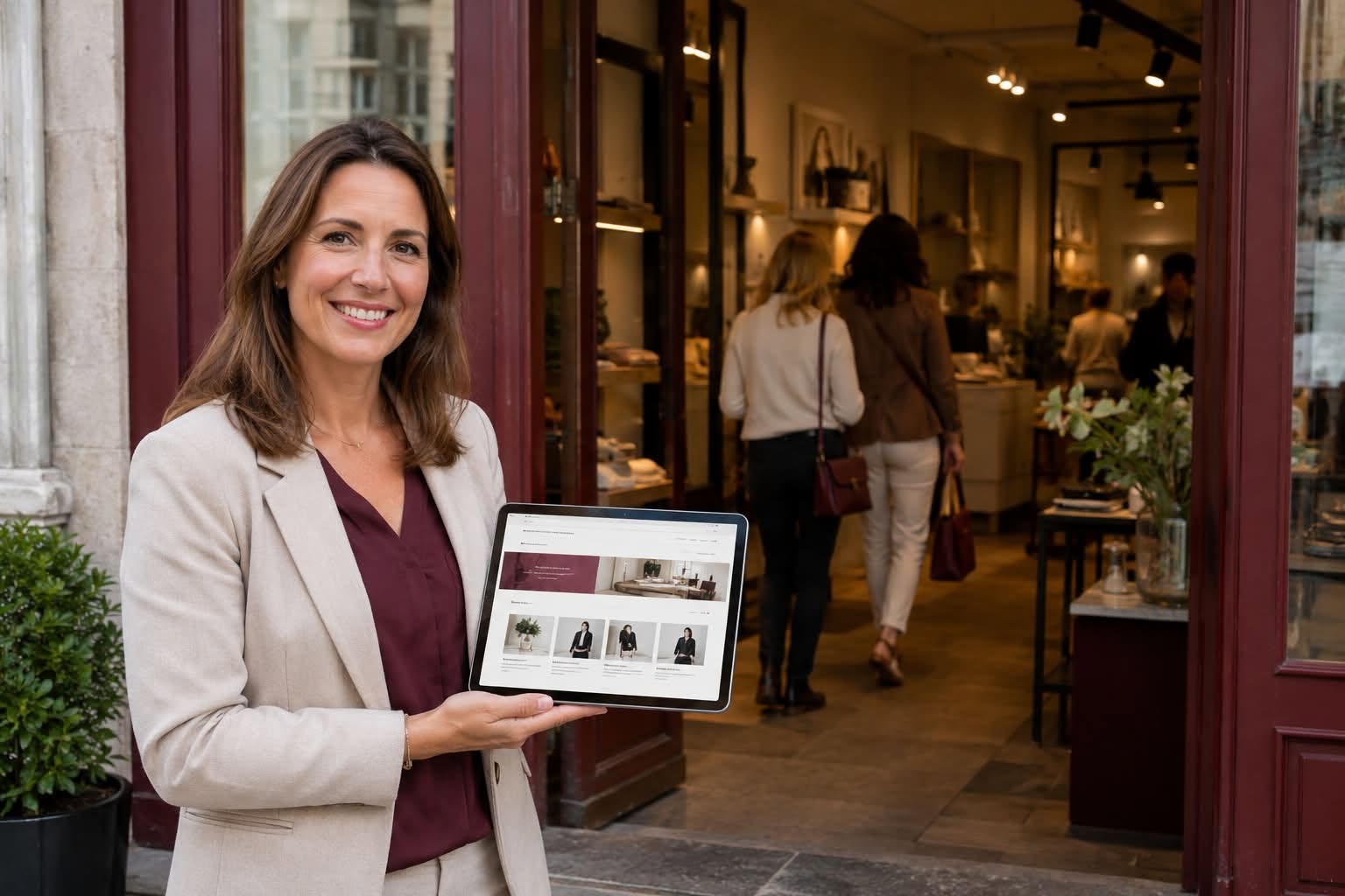 Consultante présentant l'audit du site internet d'un commerce sur une tablette, tandis que les clients entrent dan la boutique