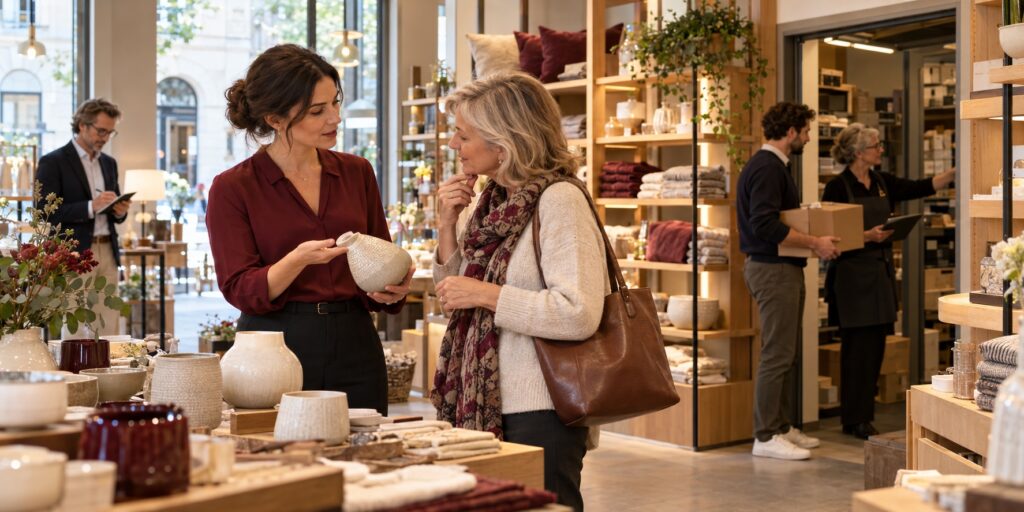 Taux de conversion en magasin. Audit de DLM management. Une dame est conseillée par une vendeuse souriante sous l'observation de l'auditeur.
