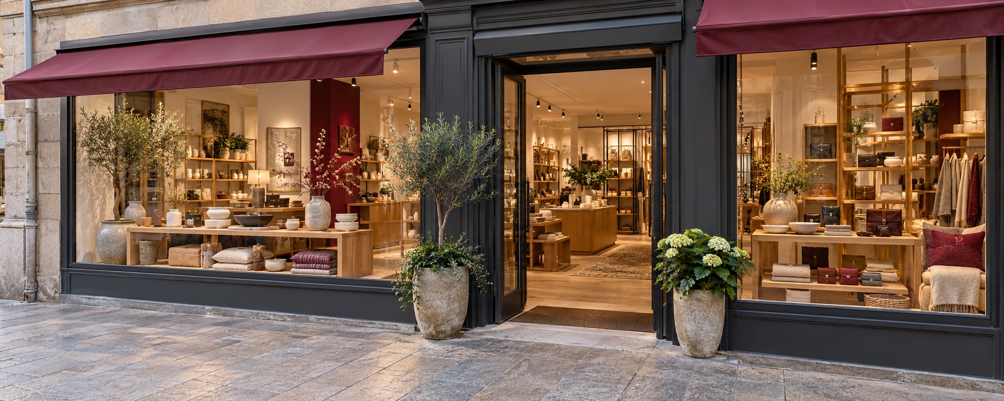 Vitrine de boutique présentant des objets de décoration et des textiles sur des étagères en bois, sous un store bordeux.